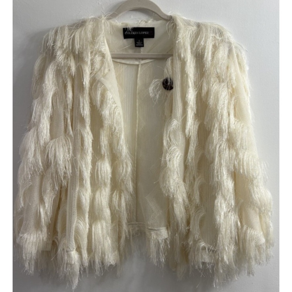 Colleen Lopez Womens S Ivory Vertical Fringe Cardigan Textured Knit Boho Fuzzy